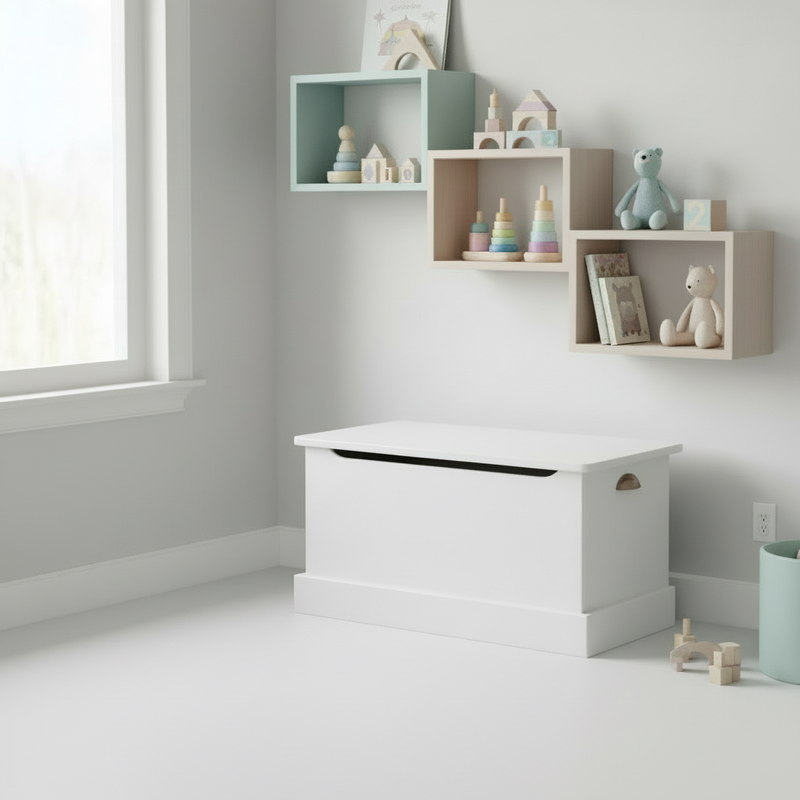 White toy box in a room with shelves displaying toys and decor.