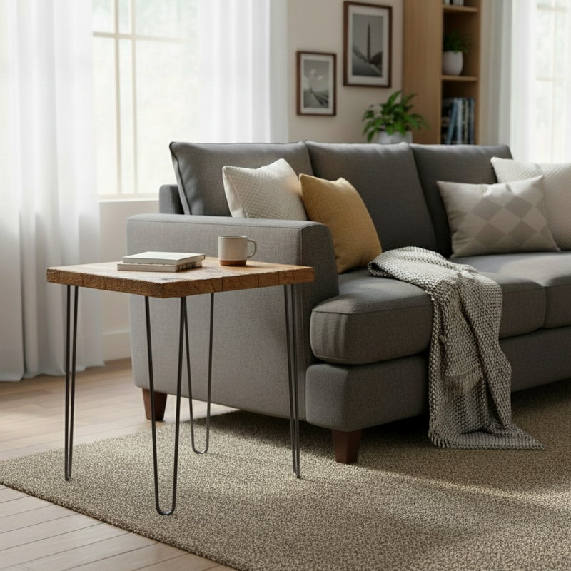 Gray sofa with cushions and a wooden side table in a living room setting.